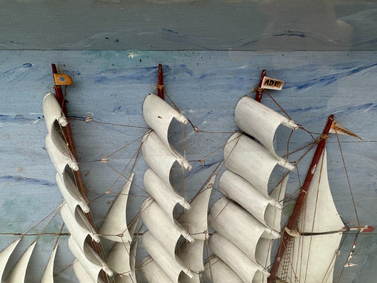 Large Diorama Four-masted Sailboat Sails In Bone And Hull Exotic Woods Nineteenth Century-photo-7