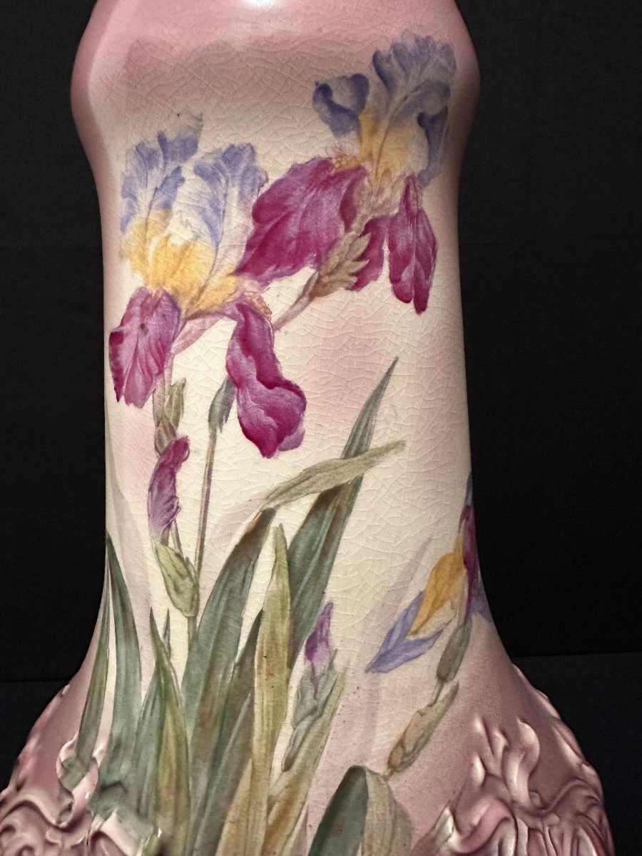 Important Vase Céramique Art Nouveau Aux Iris Par  Franz  Mehlem Royal Bonn Allemagne vers 1900-photo-3