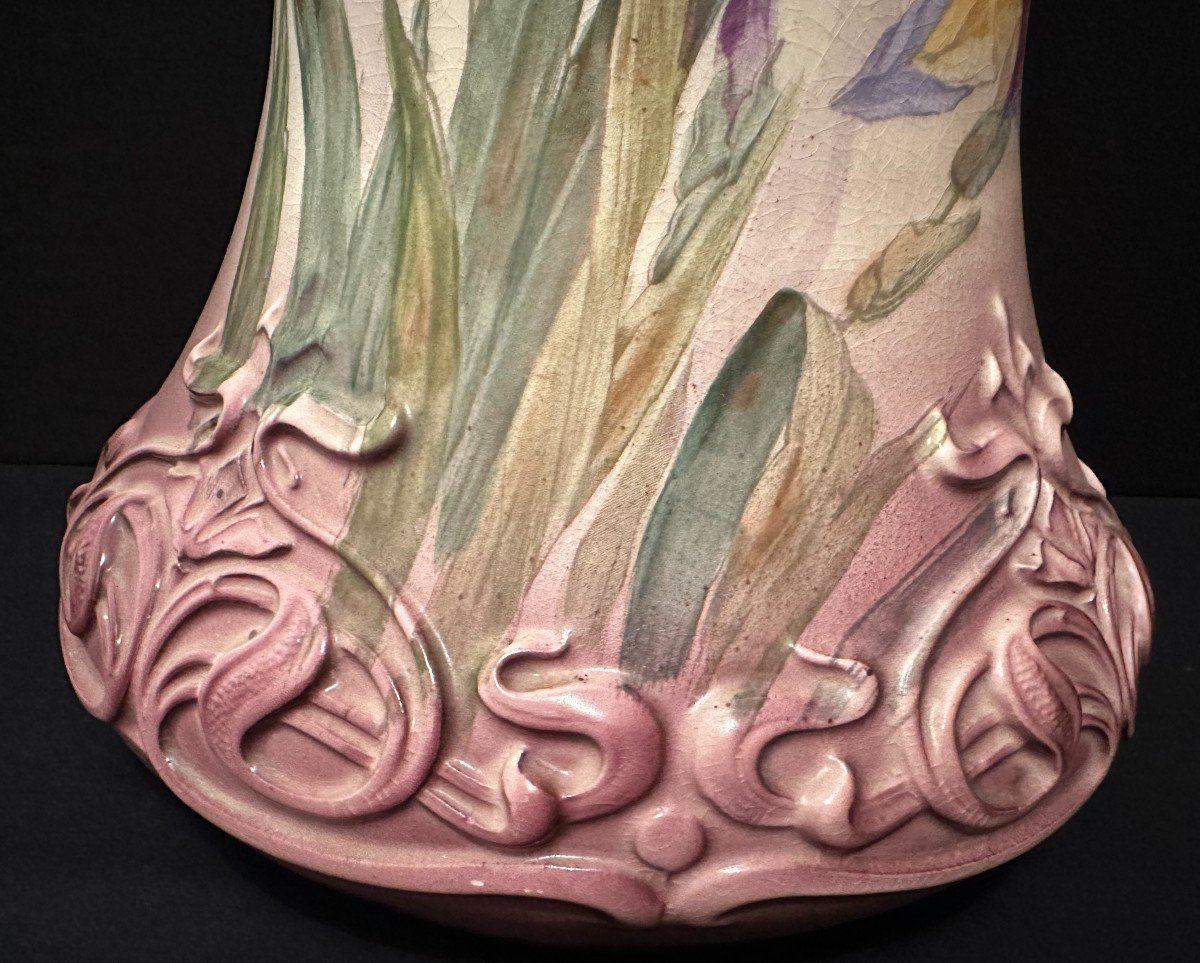 Important Vase Céramique Art Nouveau Aux Iris Par  Franz  Mehlem Royal Bonn Allemagne vers 1900-photo-4