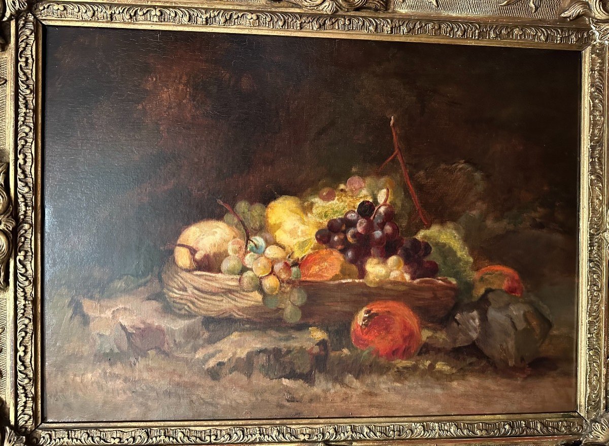 Still Life Painting With Fruits In An Important Louis XV Rocaille Frame Openwork XIXth Century-photo-2