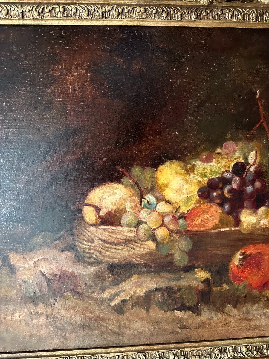 Still Life Painting With Fruits In An Important Louis XV Rocaille Frame Openwork XIXth Century-photo-1