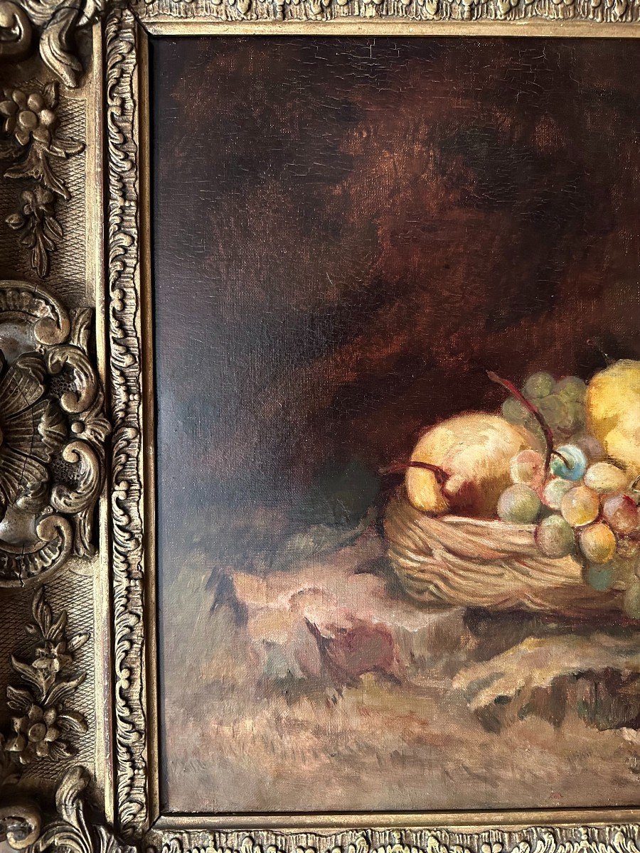 Still Life Painting With Fruits In An Important Louis XV Rocaille Frame Openwork XIXth Century-photo-2