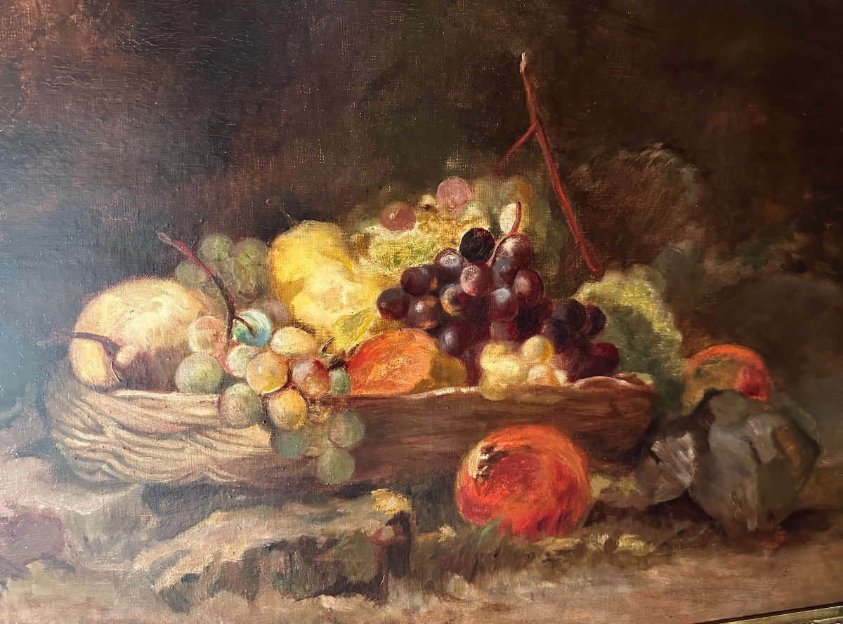 Still Life Painting With Fruits In An Important Louis XV Rocaille Frame Openwork XIXth Century-photo-3