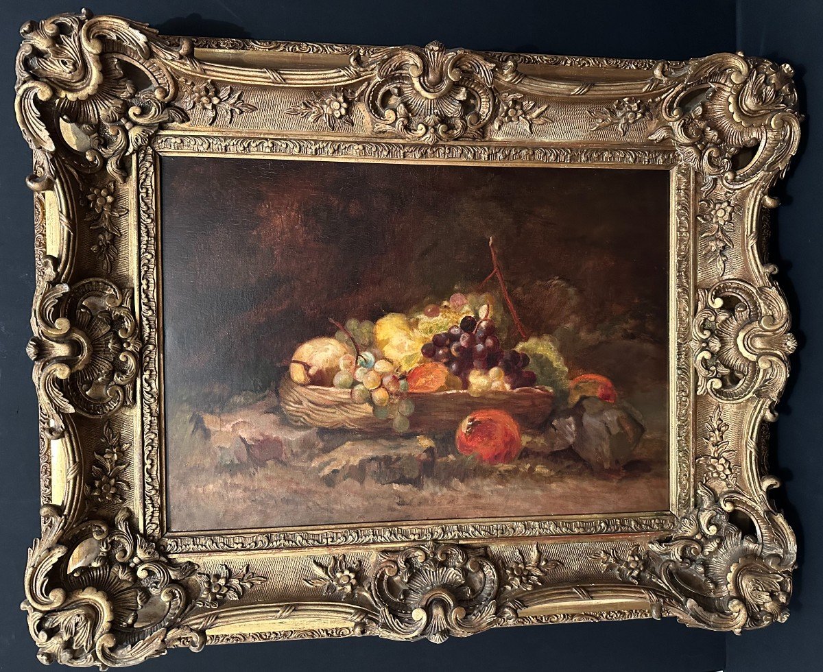 Still Life Painting With Fruits In An Important Louis XV Rocaille Frame Openwork XIXth Century