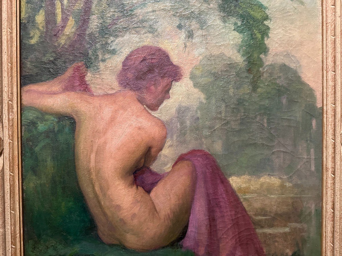 Symbolist Painting Naked Woman  Bather In Mauve Sheet By  émile Quentin Brin-photo-2