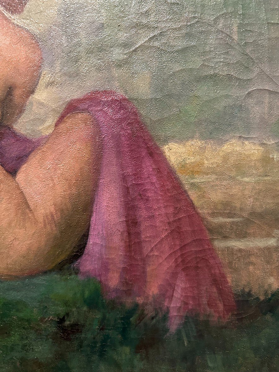 Symbolist Painting Naked Woman  Bather In Mauve Sheet By  émile Quentin Brin-photo-6