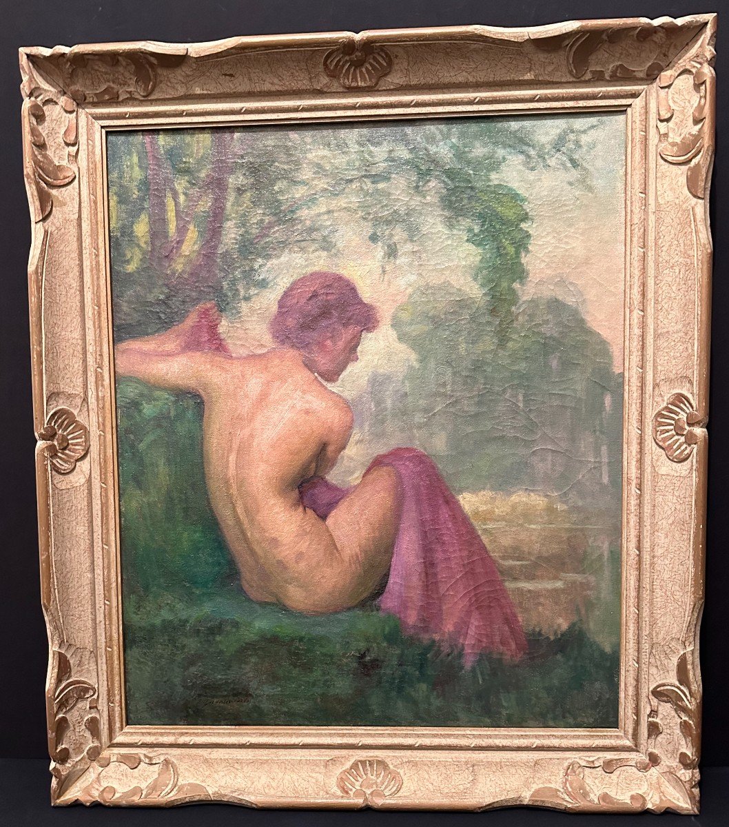 Symbolist Painting Naked Woman  Bather In Mauve Sheet By  émile Quentin Brin