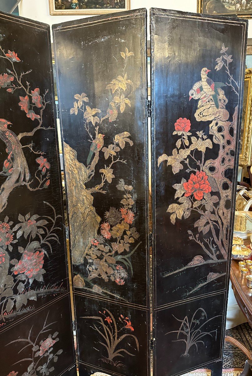 China Screen With Four Leaves In Black Lacquered Wood With Polychrome And Gold Decor XIXth Cent-photo-8