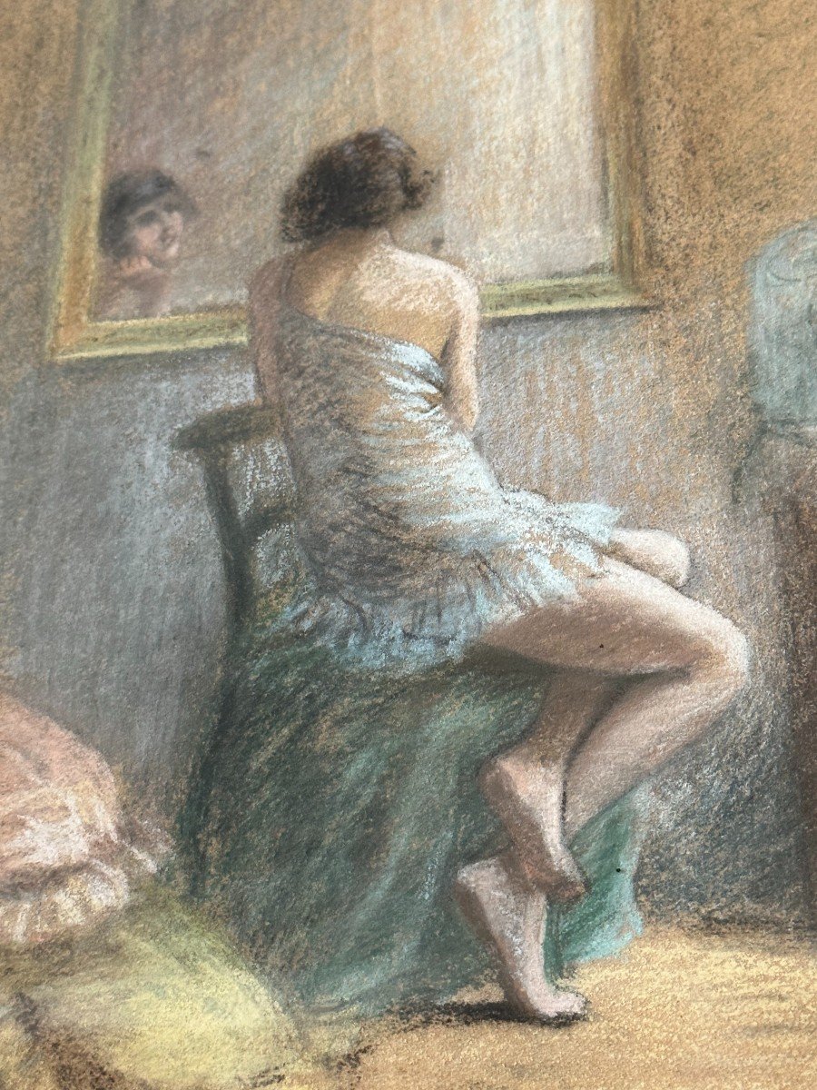 Réunion De Trois Pastels Scènes  Intimistes De Femmes Par Alice Cormier Vers 1900-photo-2