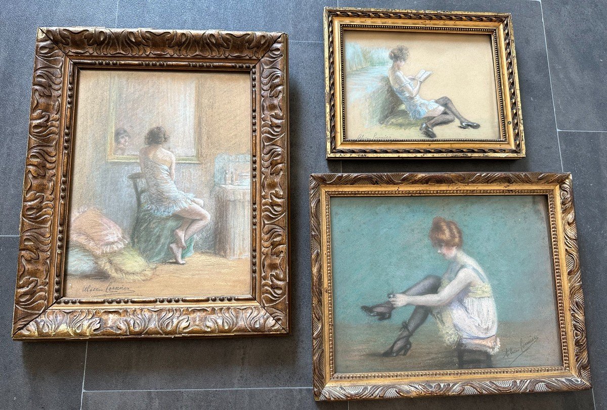 Réunion De Trois Pastels Scènes  Intimistes De Femmes Par Alice Cormier Vers 1900