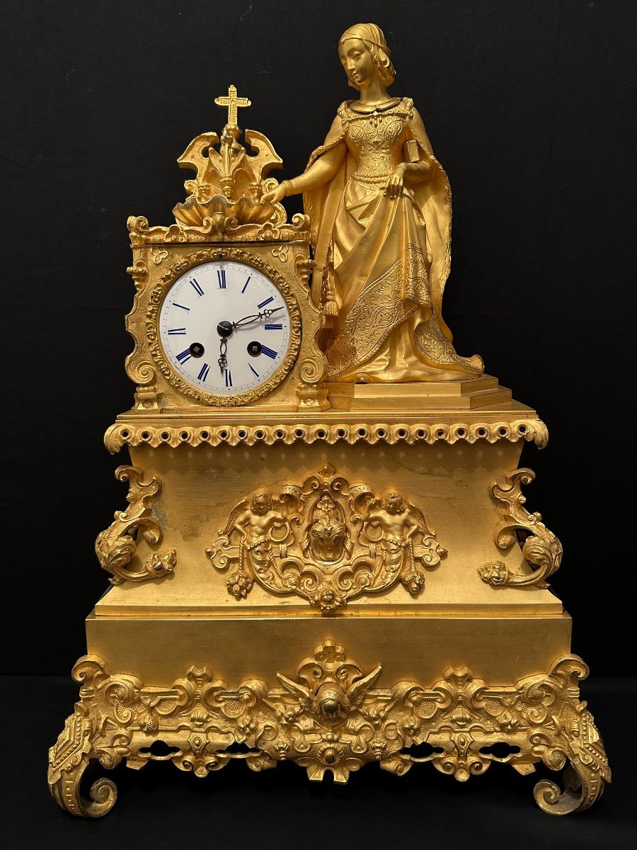 Pendule Bronze Doré Femme Au Bénitier Époque Charles X Baré à Paris Vers 1830