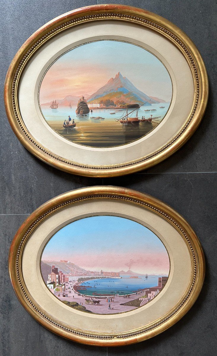 Paire De Gouaches Napolitaines Le Vésuve Et La Baie De Naples XIXème