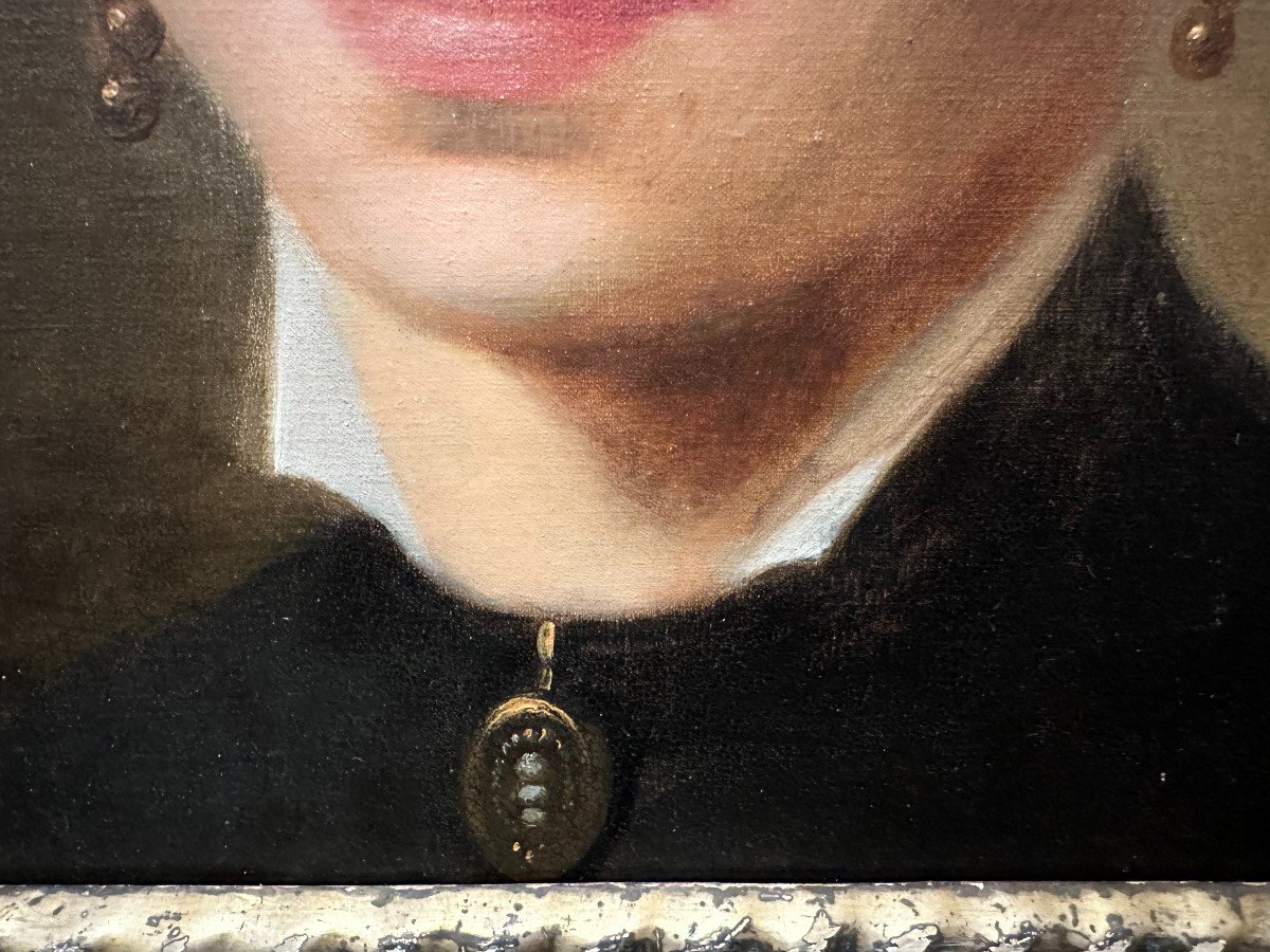 Painting Portrait Of A Woman With Pearls 19th Century-photo-2