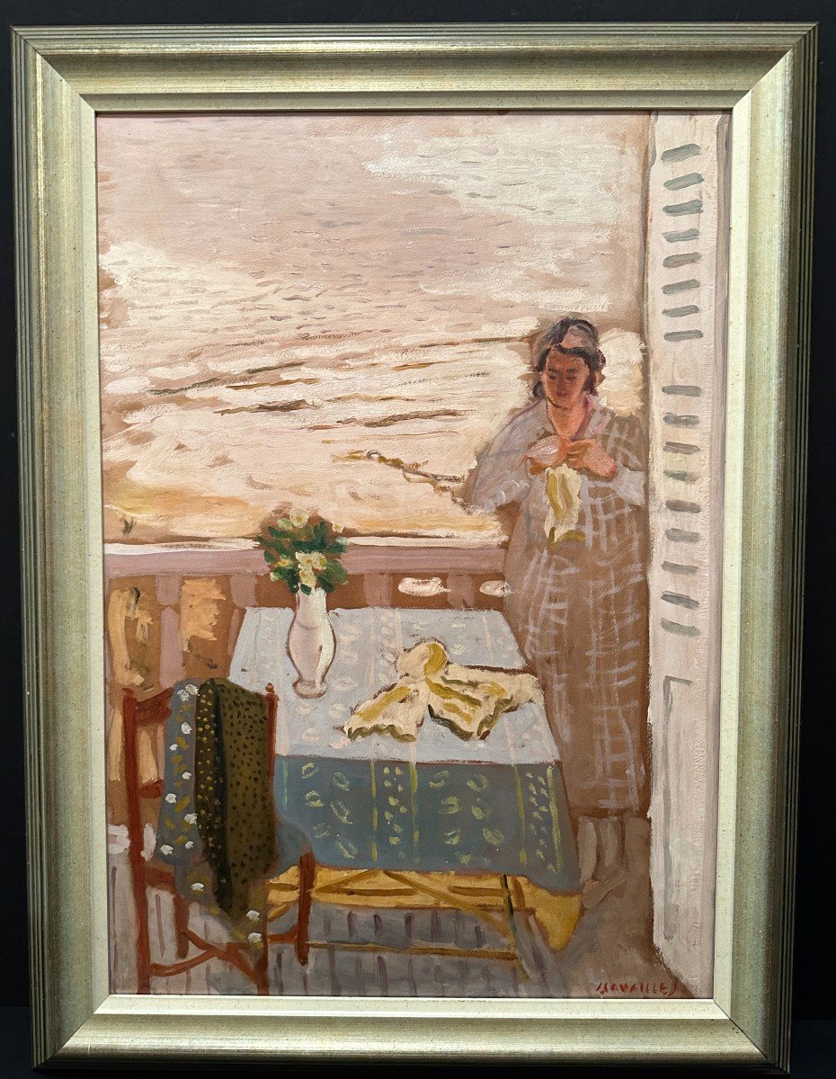 Tableau Femme Au Balcon Se Préparant Par Jules Cavaillès