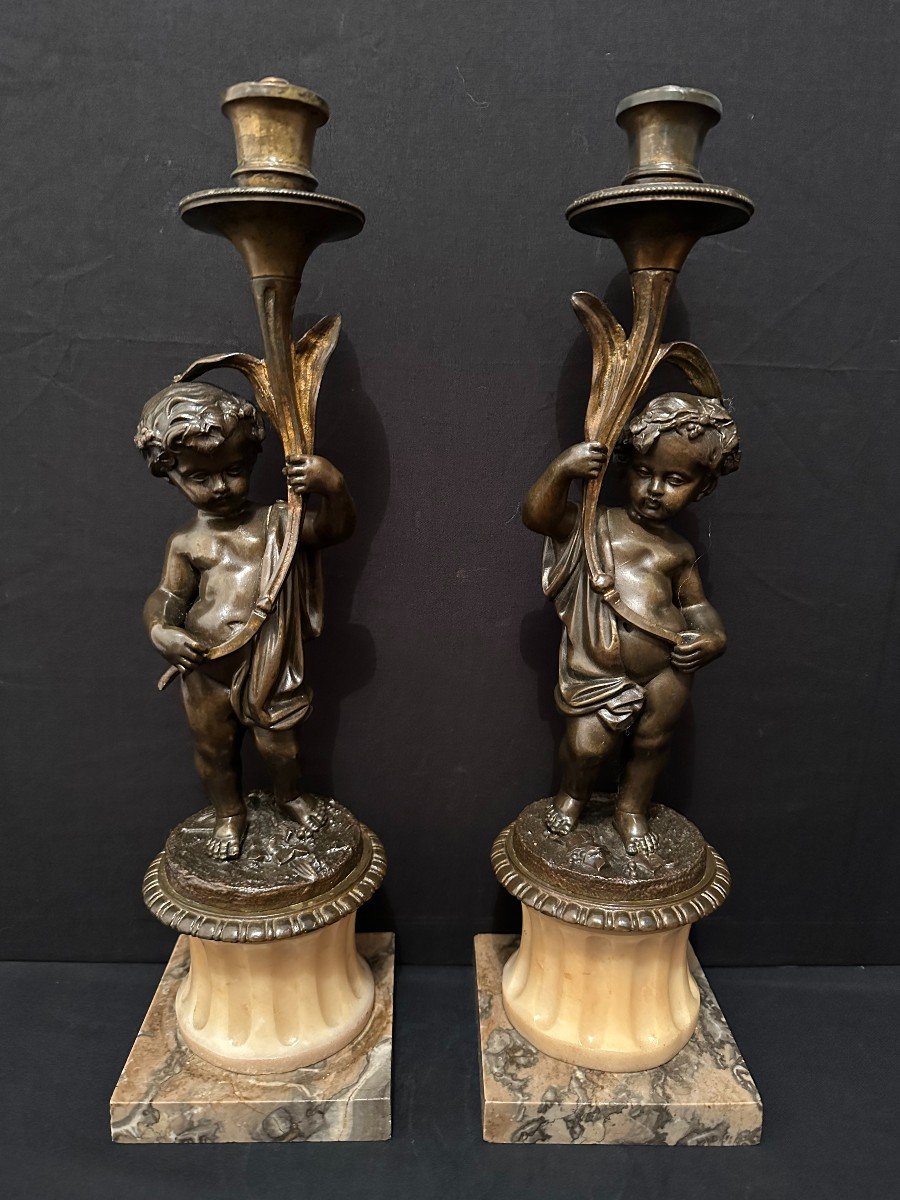 Paire De Bougeoirs Lampes Aux Putti Bronze époque Napoléon III XIXème-photo-2