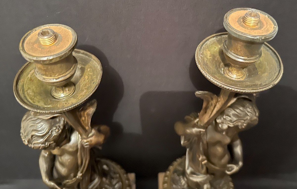 Paire De Bougeoirs Lampes Aux Putti Bronze époque Napoléon III XIXème-photo-7