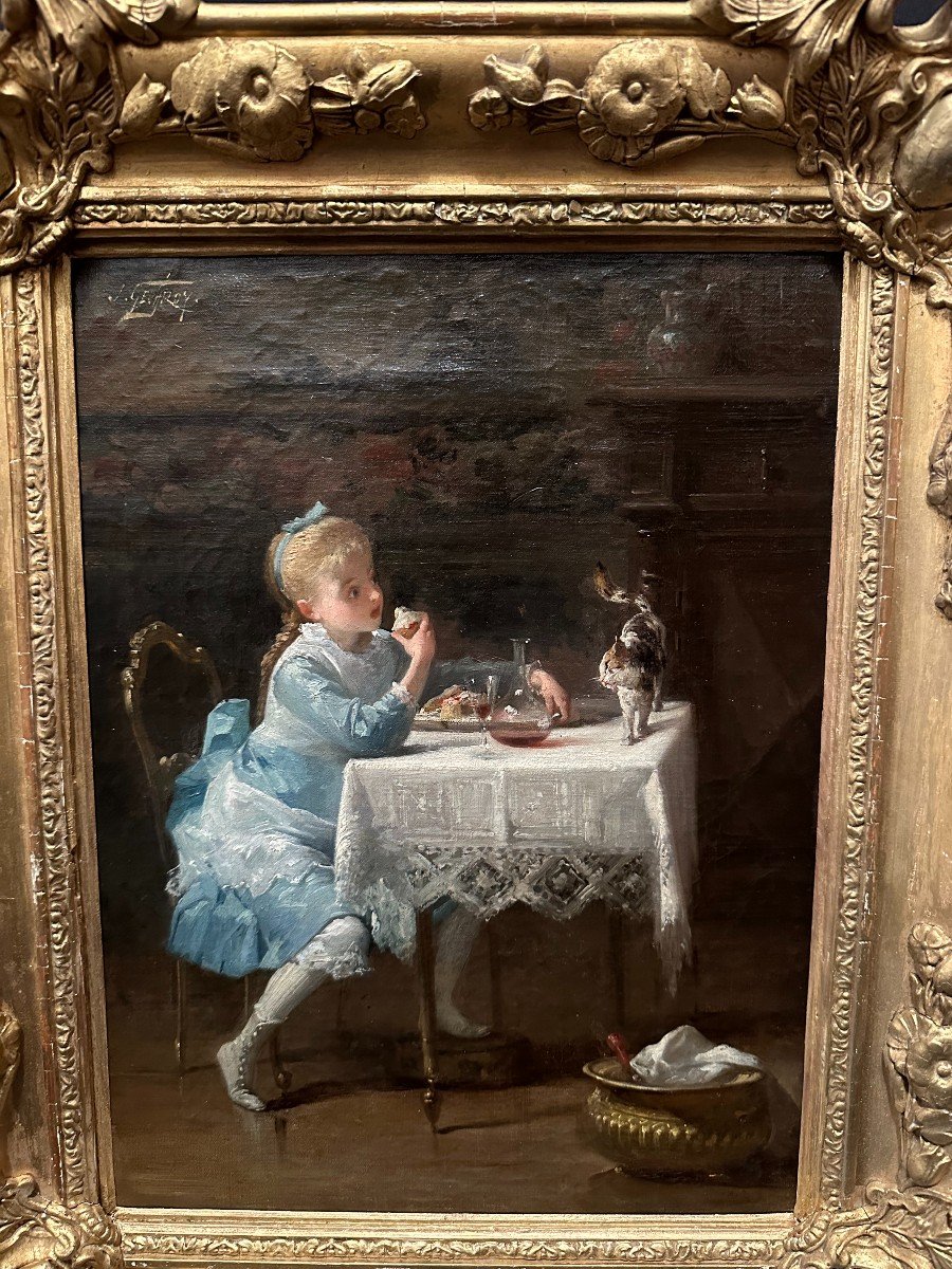 Tableau Jeune Fille Protégeant Son Goûter Du Chat Par Jean Geoffroy Dit Géo XIXème-photo-2