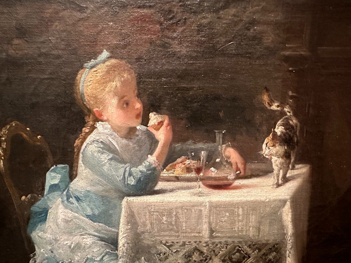 Tableau Jeune Fille Protégeant Son Goûter Du Chat Par Jean Geoffroy Dit Géo XIXème-photo-3