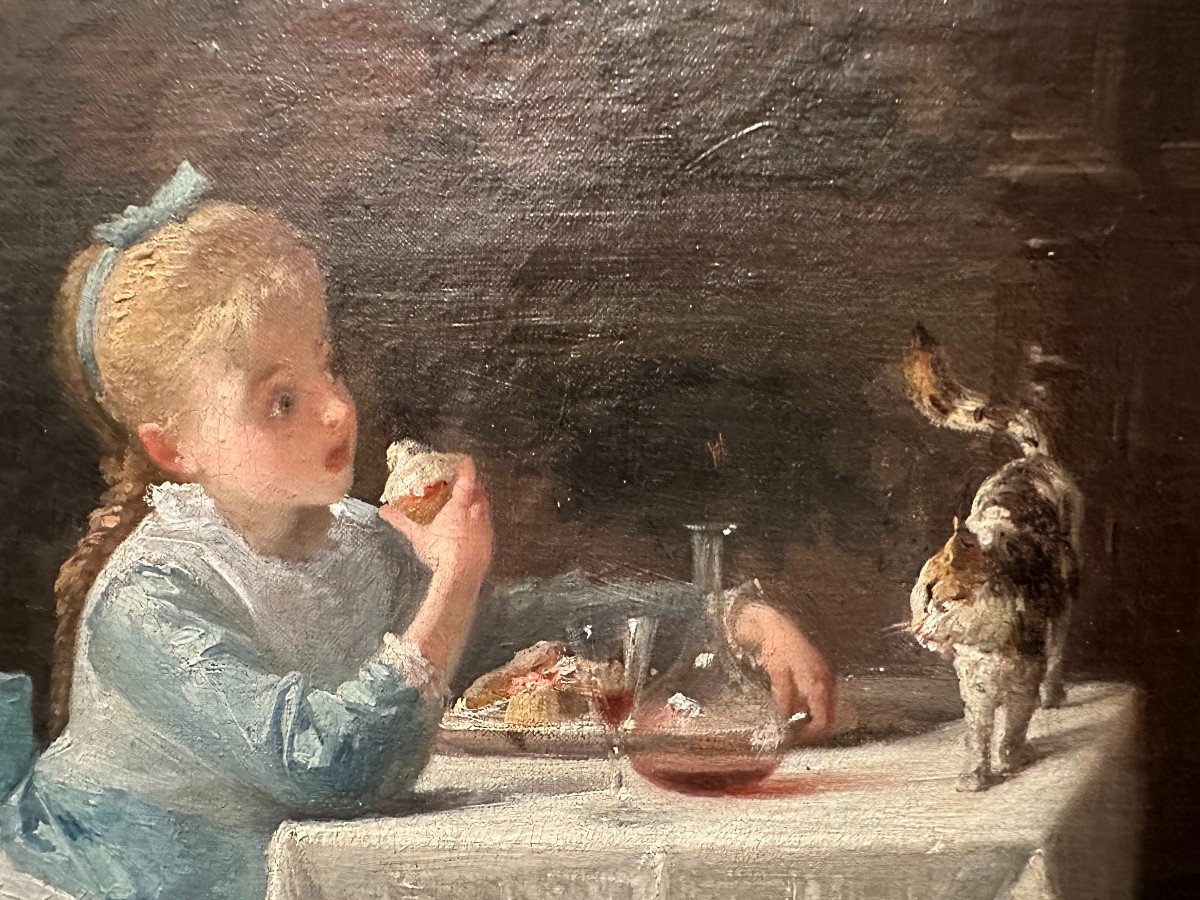 Tableau Jeune Fille Protégeant Son Goûter Du Chat Par Jean Geoffroy Dit Géo XIXème-photo-1