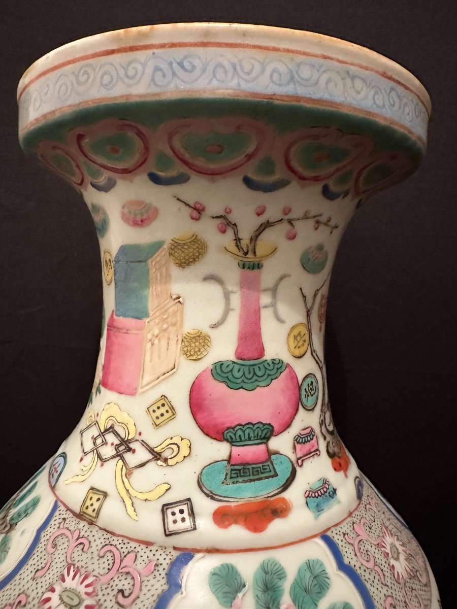 China Canton Porcelain Vase Decorated With Furniture And Animals Late 19th Century-photo-2