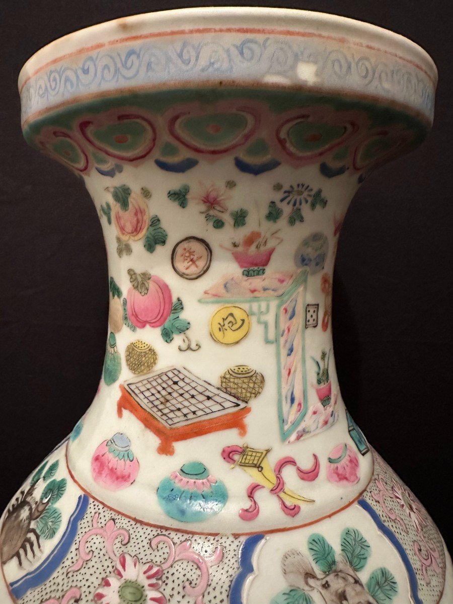 China Canton Porcelain Vase Decorated With Furniture And Animals Late 19th Century-photo-6