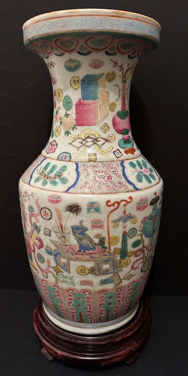 Chine Canton Vase En Porcelaine Décor Au Mobilier Et Animaux Fin XIXème