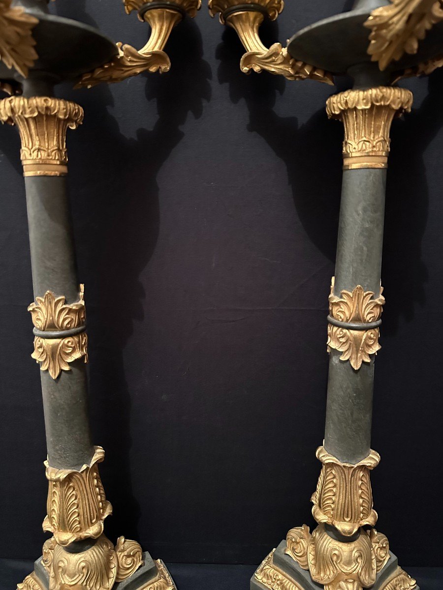 Pair Of Large Candelabras 68 Cm Patinated And Gilded Bronze, Restoration Period Circa 1830-photo-3