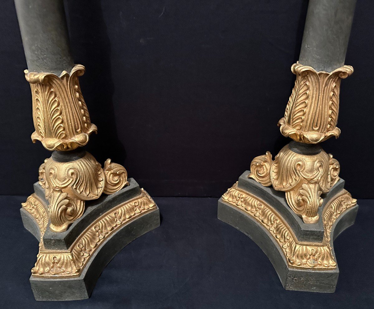 Pair Of Large Candelabras 68 Cm Patinated And Gilded Bronze, Restoration Period Circa 1830-photo-4