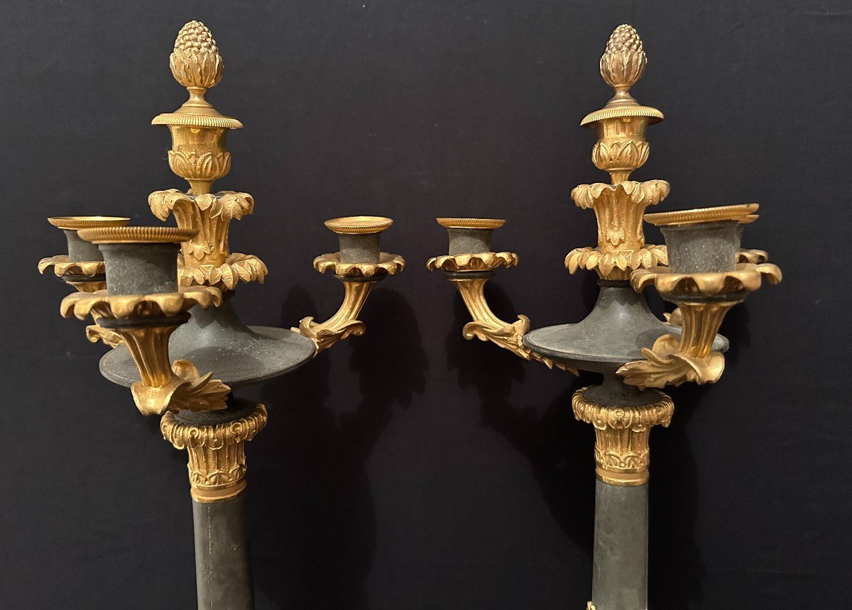 Pair Of Large Candelabras 68 Cm Patinated And Gilded Bronze, Restoration Period Circa 1830-photo-1