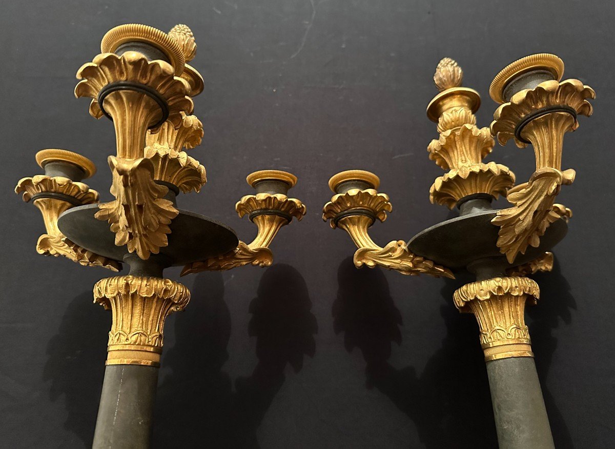 Pair Of Large Candelabras 68 Cm Patinated And Gilded Bronze, Restoration Period Circa 1830-photo-2