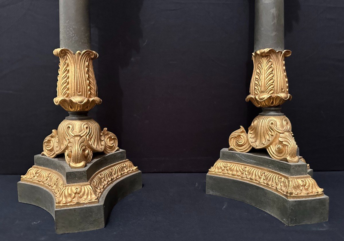 Pair Of Large Candelabras 68 Cm Patinated And Gilded Bronze, Restoration Period Circa 1830-photo-5