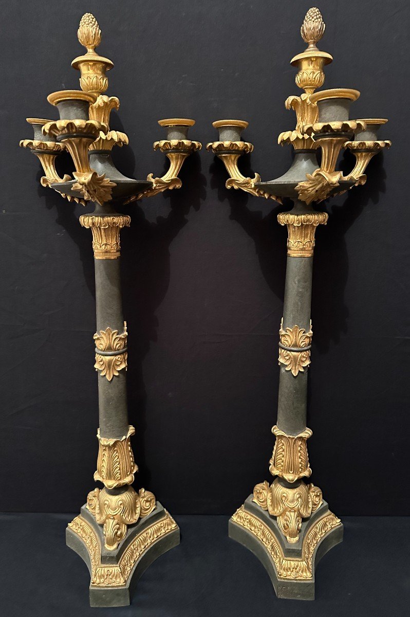 Pair Of Large Candelabras 68 Cm Patinated And Gilded Bronze, Restoration Period Circa 1830