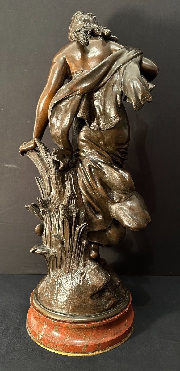 Important Bronze Femme à l'Oiseau Ou Baigneuse Aux Roseaux Art Nouveau Par Auguste Moreau 68 Cm-photo-3