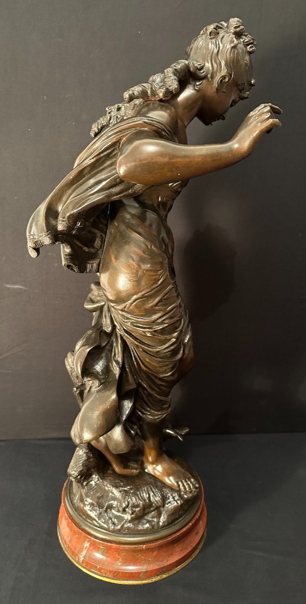 Important Bronze Femme à l'Oiseau Ou Baigneuse Aux Roseaux Art Nouveau Par Auguste Moreau 68 Cm-photo-4