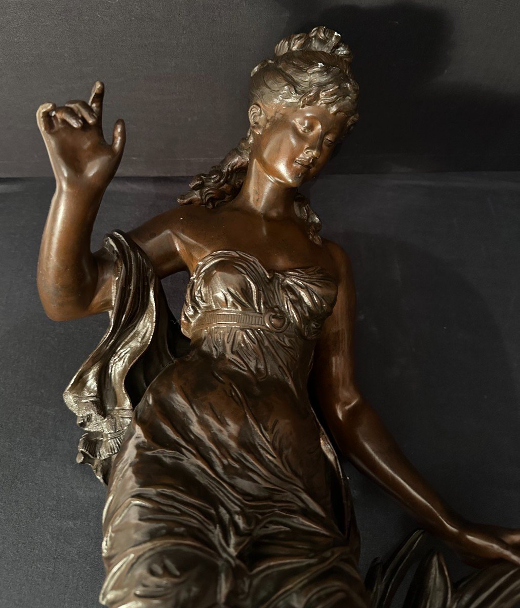 Important Bronze Femme à l'Oiseau Ou Baigneuse Aux Roseaux Art Nouveau Par Auguste Moreau 68 Cm-photo-1