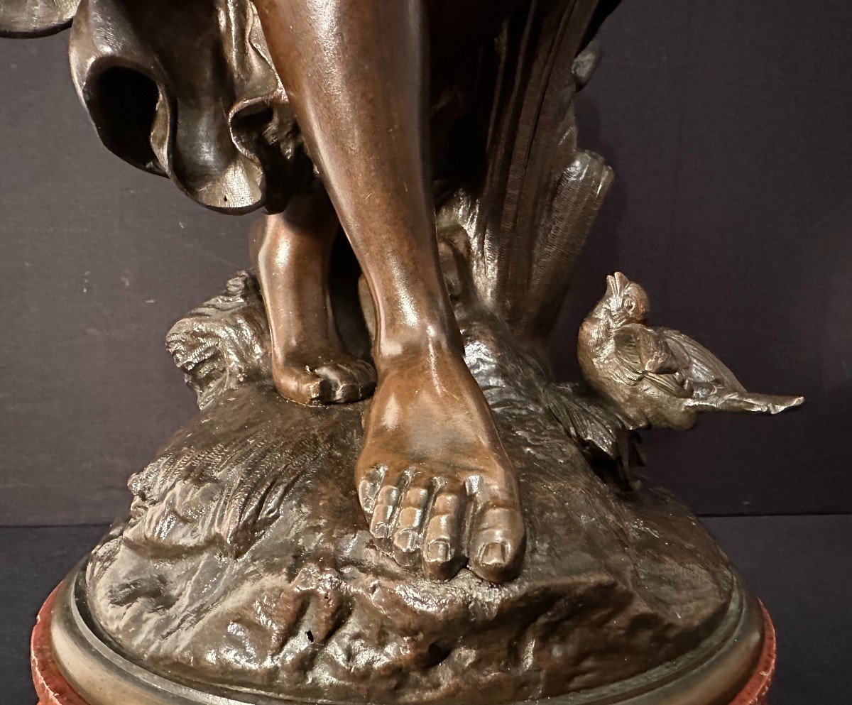 Important Bronze Femme à l'Oiseau Ou Baigneuse Aux Roseaux Art Nouveau Par Auguste Moreau 68 Cm-photo-3