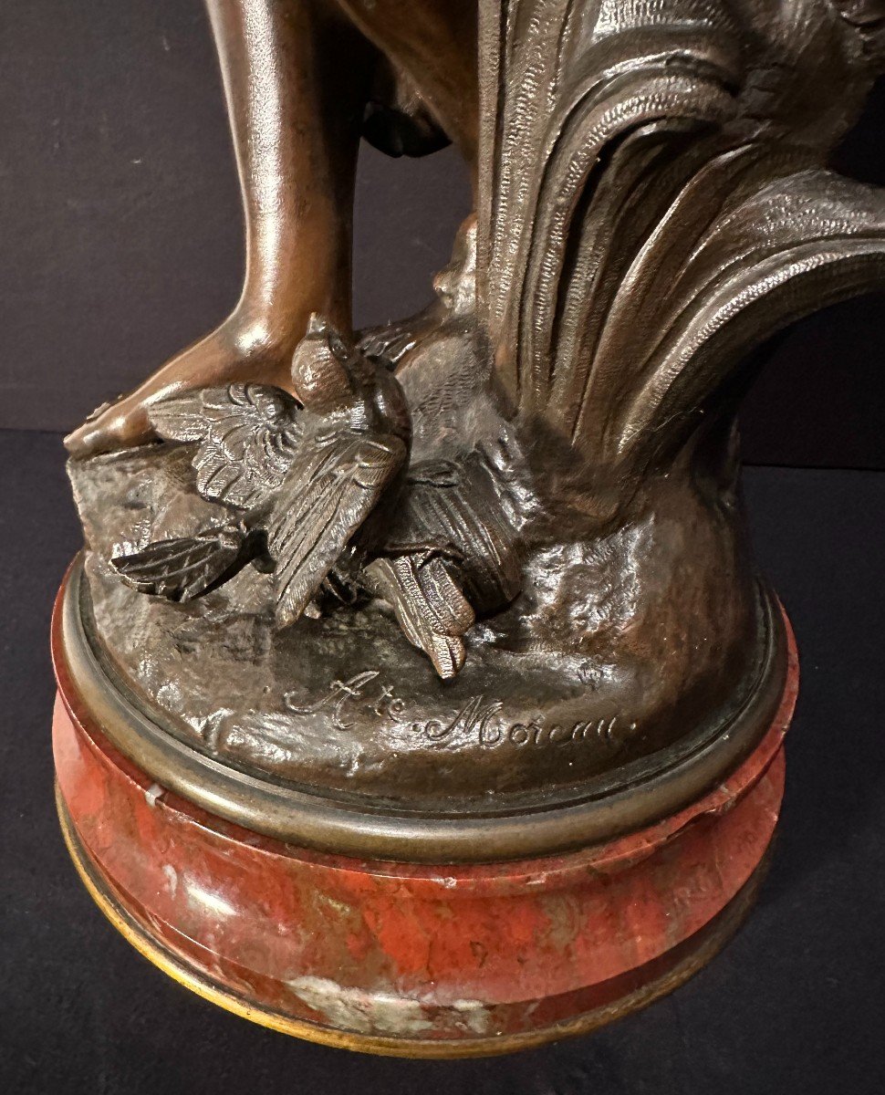 Important Bronze Femme à l'Oiseau Ou Baigneuse Aux Roseaux Art Nouveau Par Auguste Moreau 68 Cm-photo-7