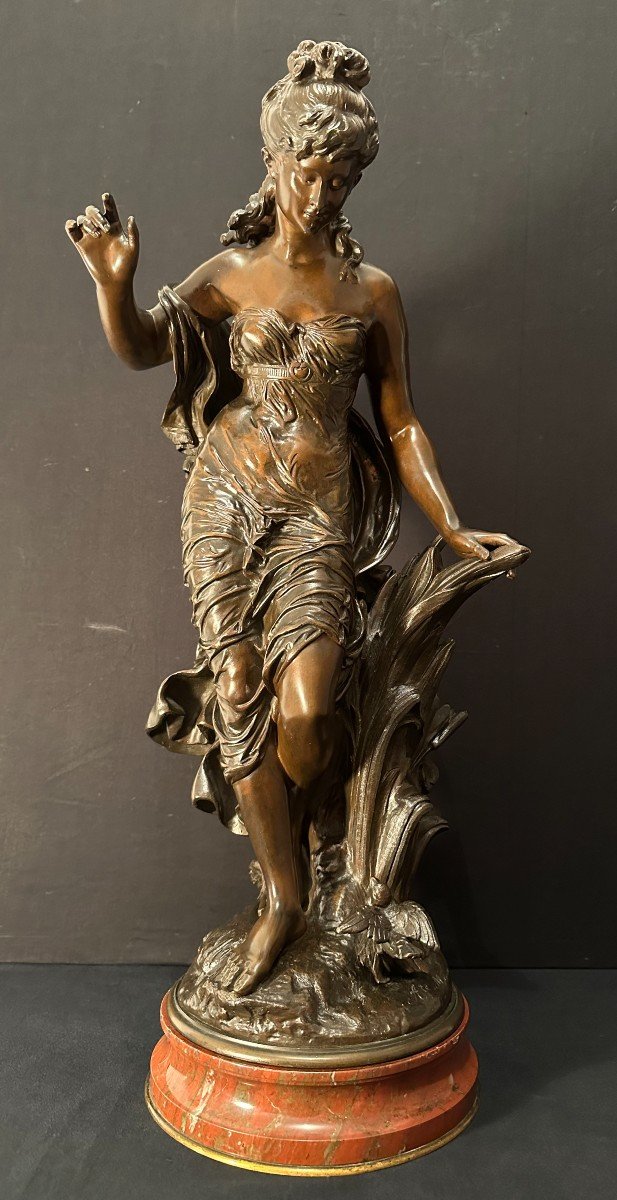 Important Bronze Femme à l'Oiseau Ou Baigneuse Aux Roseaux Art Nouveau Par Auguste Moreau 68 Cm