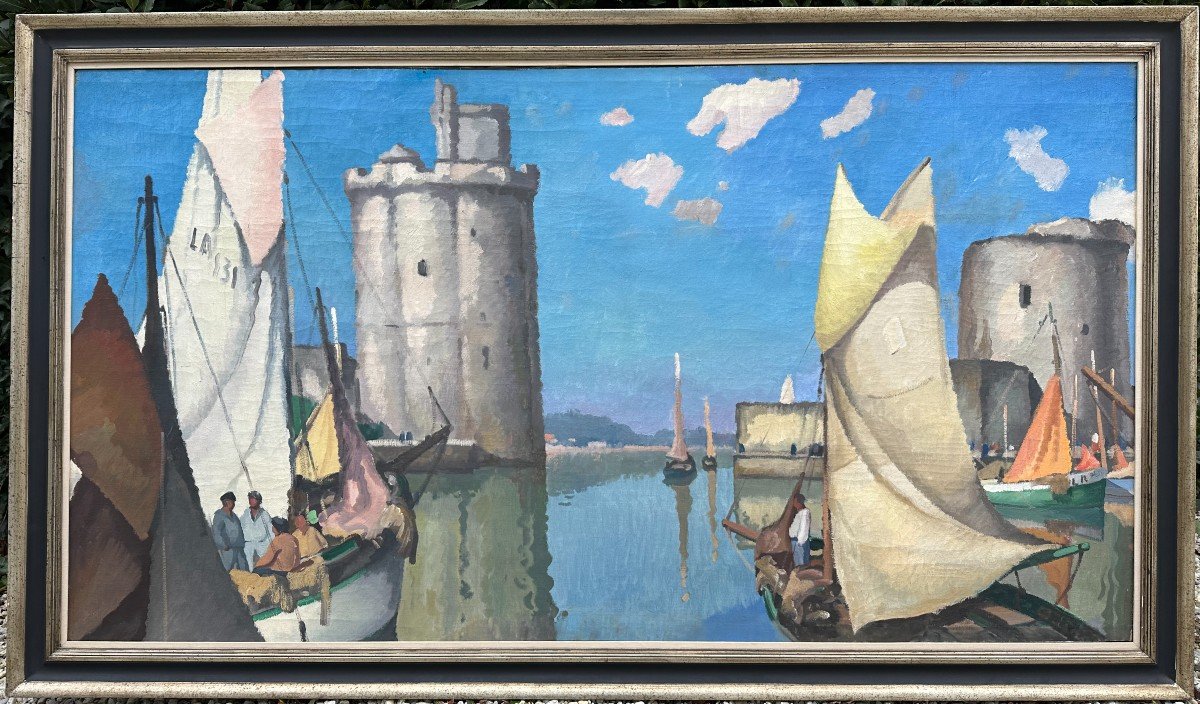 Très Grand Tableau Port De La Rochelle Par Gaston Balande 1937  198 X 107 Cm