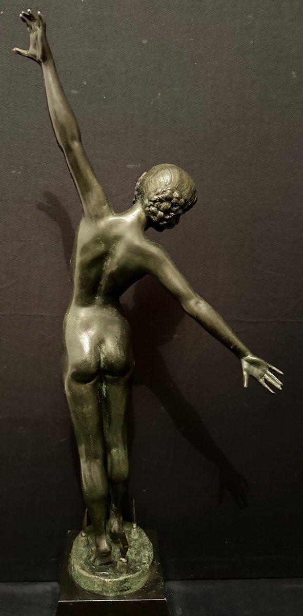 Art Deco Bronze  Naked Dancer With Lances By Fernand Ouillon-carrère-photo-4