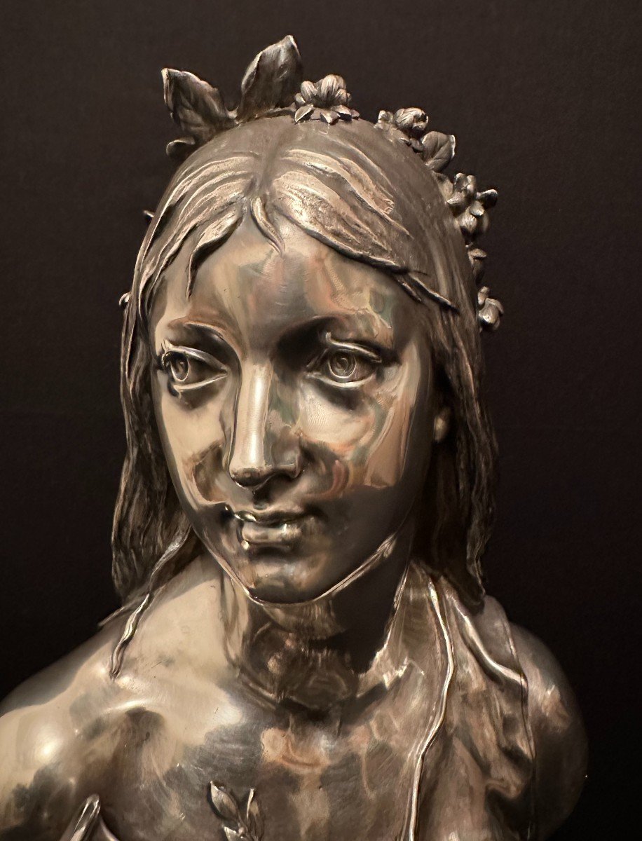 Buste Art Nouveau Femme Chloé Bronze Argenté Par Henry Dumaige XIXème-photo-2