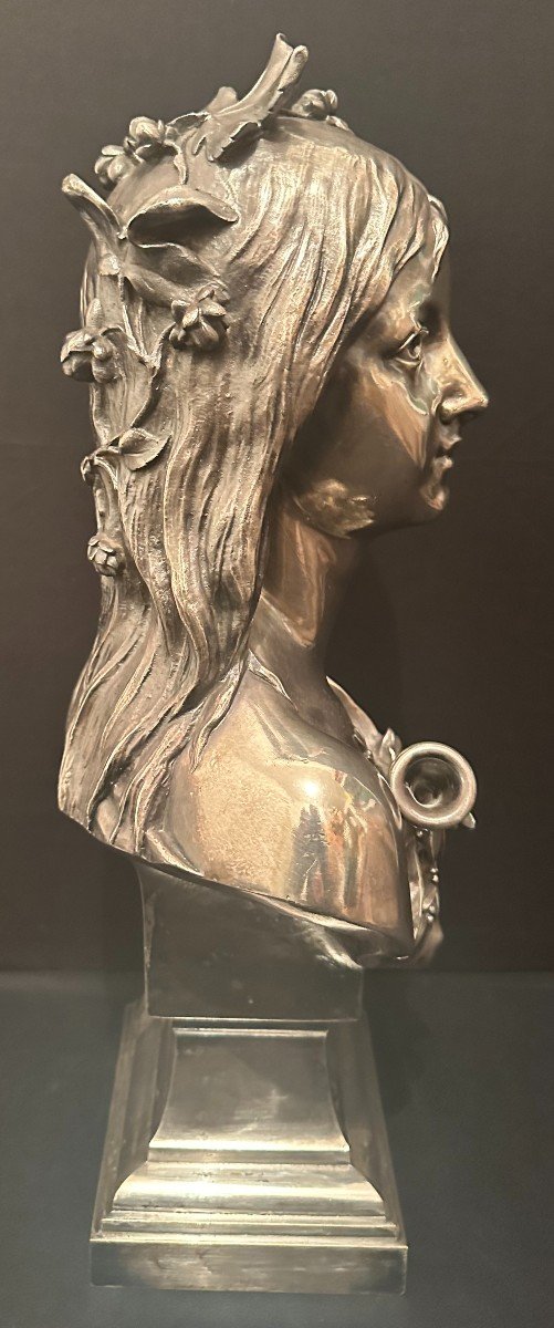 Buste Art Nouveau Femme Chloé Bronze Argenté Par Henry Dumaige XIXème-photo-4