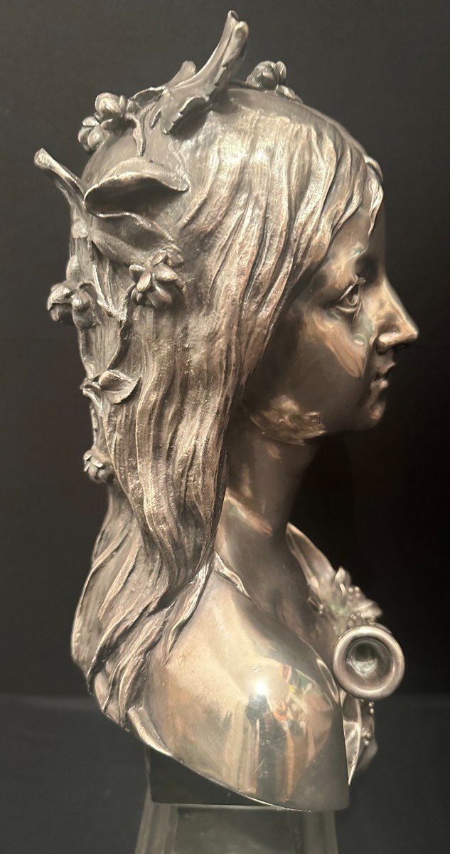 Buste Art Nouveau Femme Chloé Bronze Argenté Par Henry Dumaige XIXème-photo-5