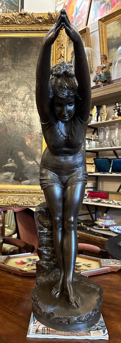 Important Bronze Woman La Tuffolina Or The Diver By Odoardo Tabbachi Turin 79 Cm 19th Century-photo-2