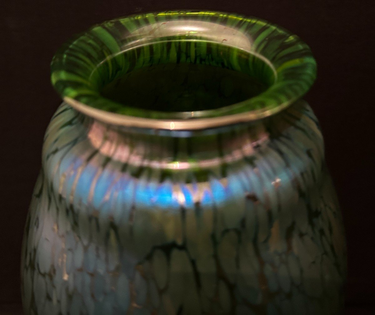 Art Nouveau Blue Iridescent Crète Butterfly Vase By Johann Loetz 22.5 Cm Circa 1900-photo-3