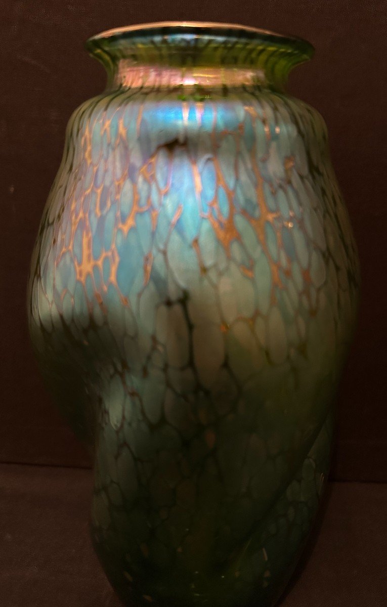 Vase Art Nouveau Crète Papillon Irisé Bleu Par Johann LOETZ 22,5 cm vers 1900-photo-4