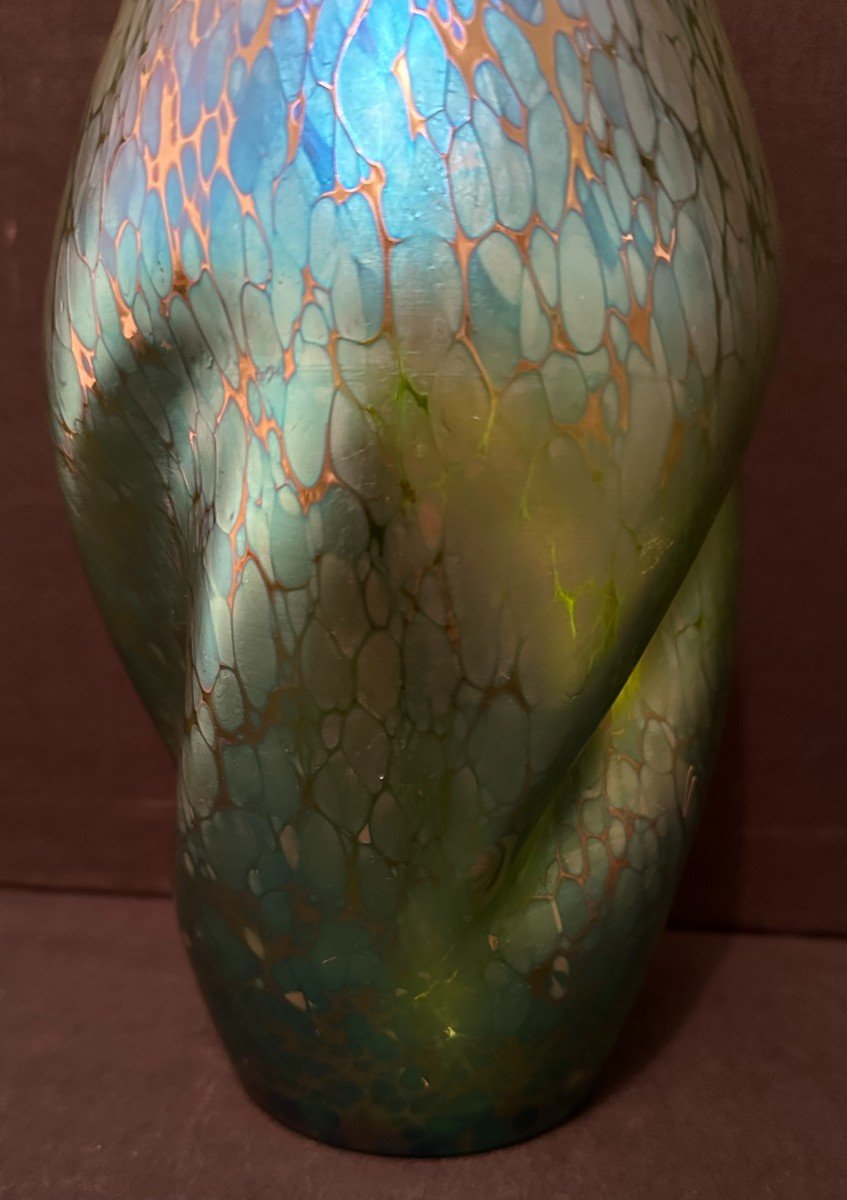 Vase Art Nouveau Crète Papillon Irisé Bleu Par Johann LOETZ 22,5 cm vers 1900-photo-5