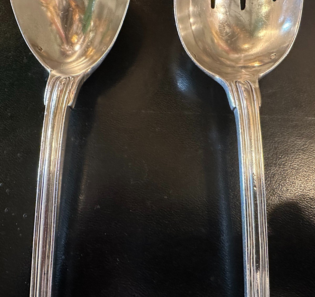 Large Solid Silver Salad Cutlery Model With Godrons Goldsmith Puiforcat -photo-3