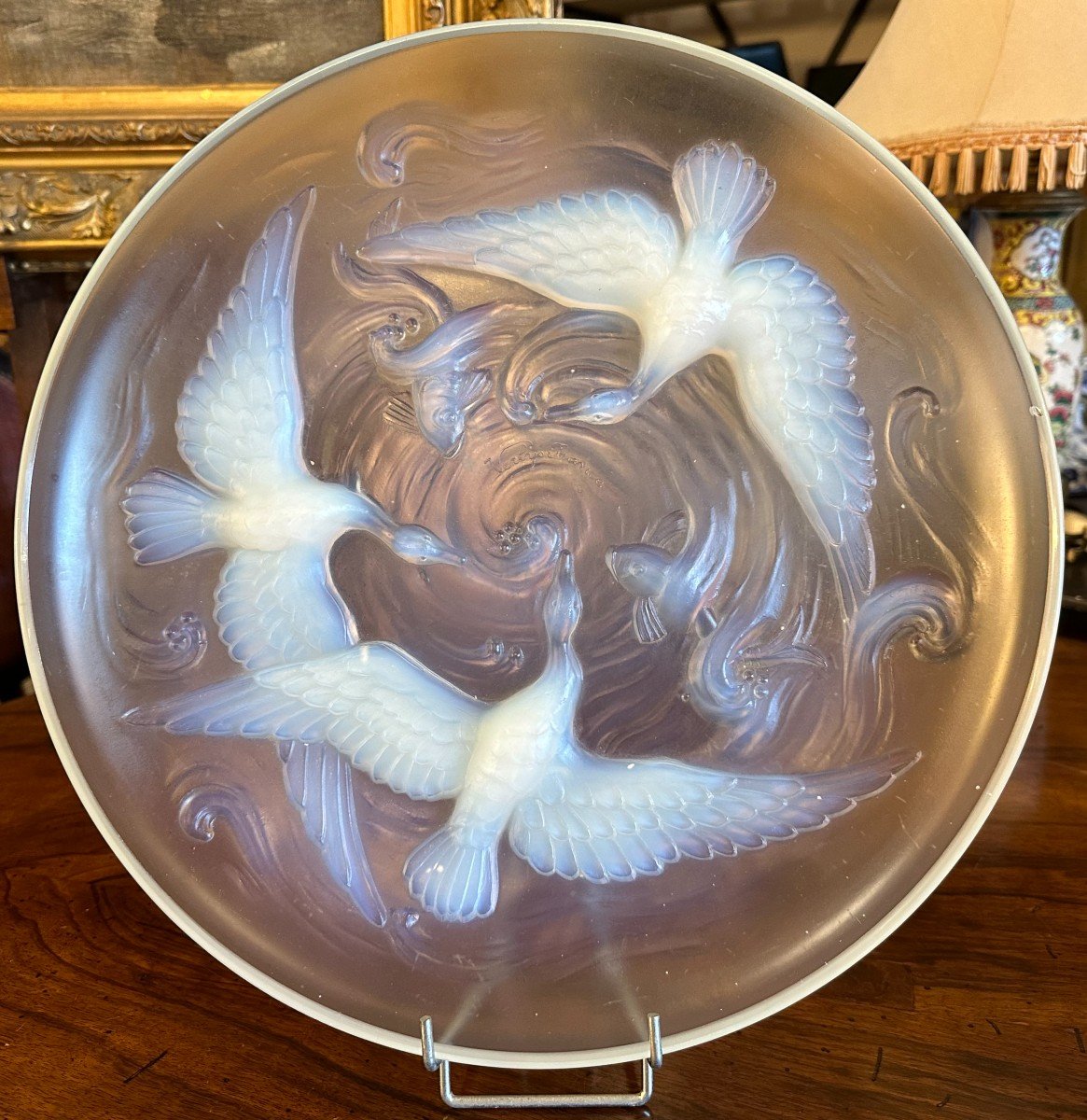 Verlys Large Art Deco Bowl With Ducks And Fish In Opalescent White Glass