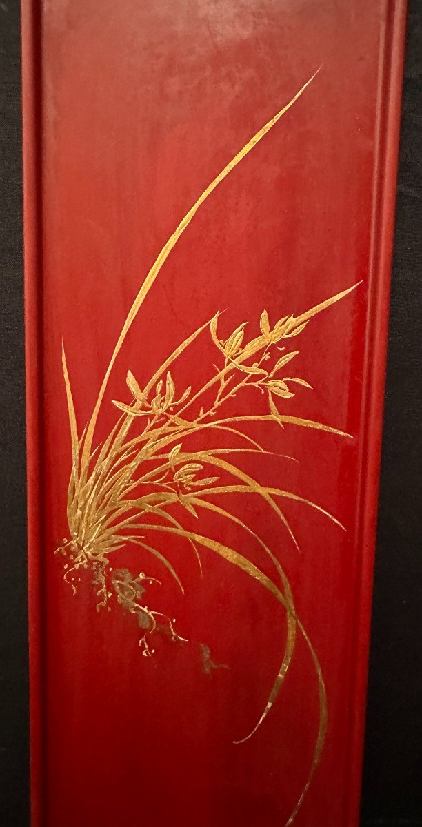 4 Red And Gold Lacquer Panels The Four Seasons By Thanh Le Vietnam Circa 1950-photo-4